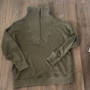 aerie Olive Zip-Neck Ribbed Collar Pullover